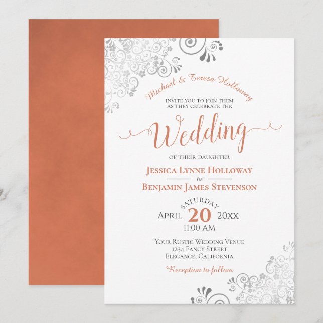 Terracotta Coral Silver Lace Formal White Wedding Invitation (Front/Back)