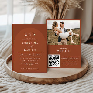 Terracotta Coriander Boho Photo QR Code Wedding Invitation