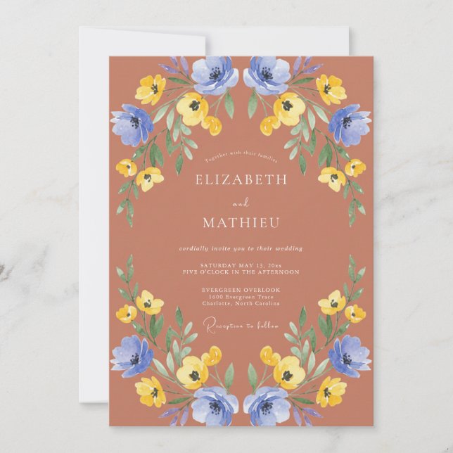 Terracotta Cornflower Painted Wedding Invitation (Front)