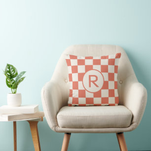 Terracotta Cream Checkered Pattern Custom Monogram Cushion