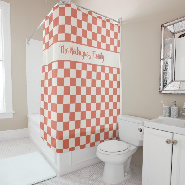 Terracotta Cream Chequered Pattern Custom Name Shower Curtain (In Situ)