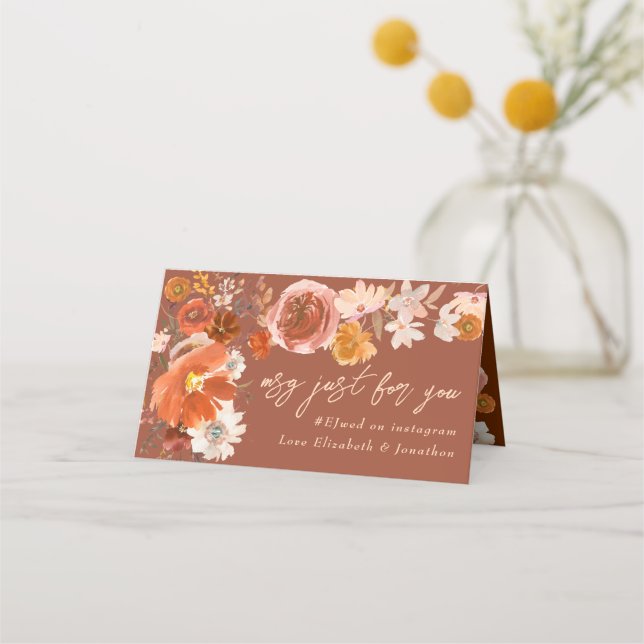 Terracotta Cream Floral Autumn Chair Wedding Table Place Card (Back)
