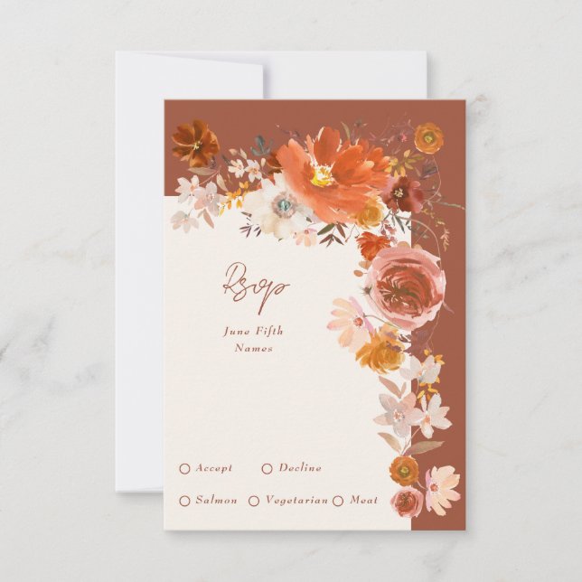 Terracotta Cream Floral Wreath Wedding RSVP Card (Front)
