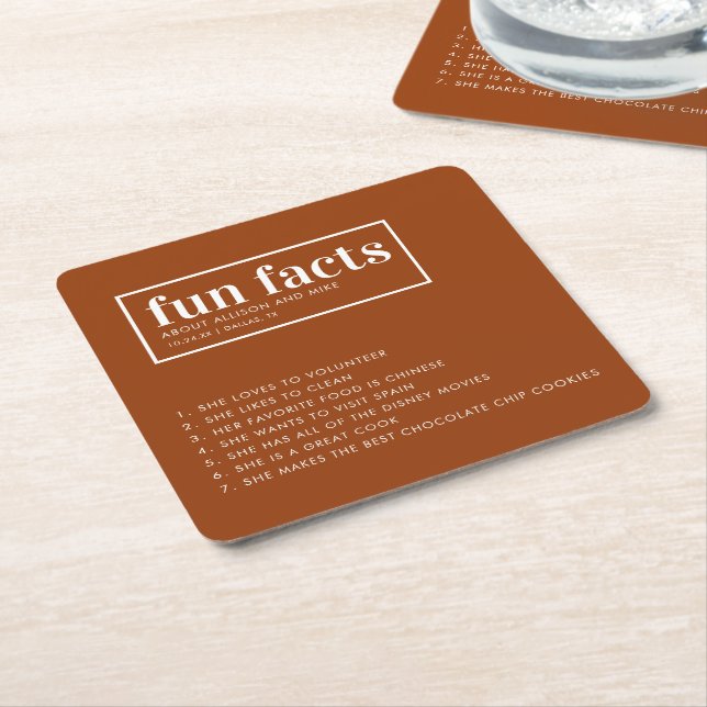 Terracotta Custom Wedding Fun Facts Square Paper Coaster (Angled)