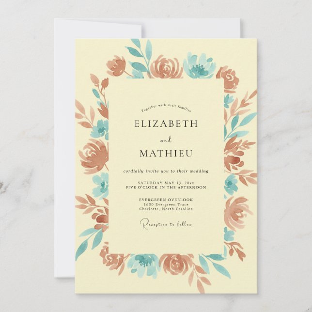 Terracotta Cyan Blossom Wedding Invitation (Front)