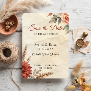 Terracotta Dahlia Pampas Grass Autumn Boho Wedding Save The Date