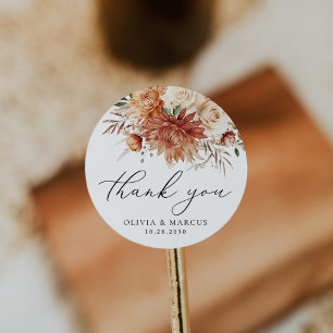 Terracotta Dahlia Rose Wedding Thank You Favour Classic Round Sticker