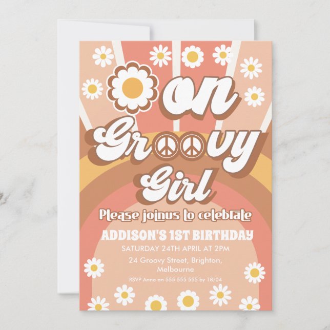 Terracotta Daisy Groovy One Girl 1st Birthday Invitation (Front)