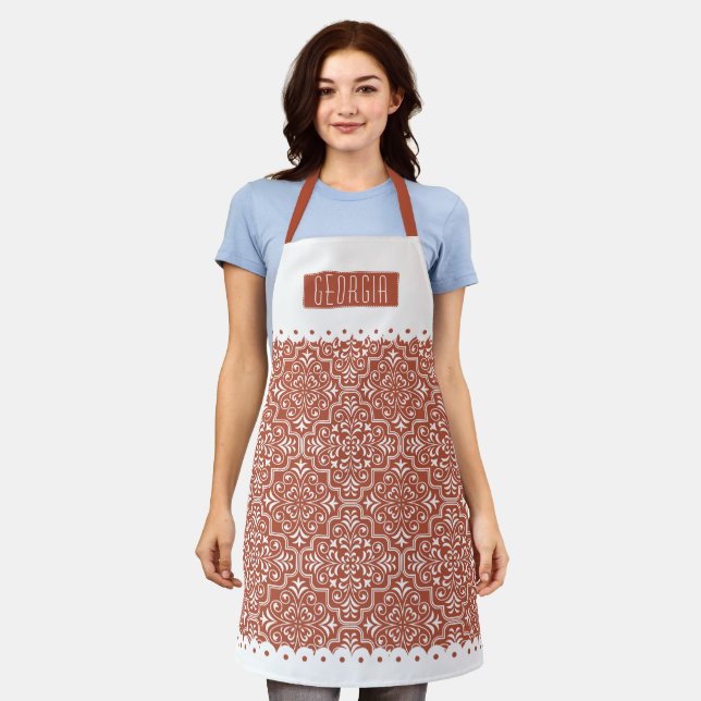 Terracotta damask pattern scalloped borders apron (Worn)