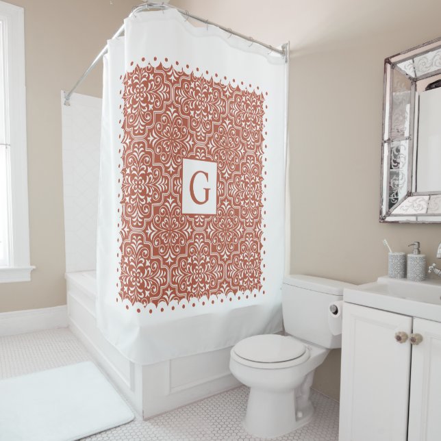 Terracotta damask scalloped borders monogram shower curtain (In Situ)
