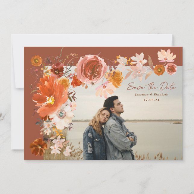 Terracotta Desert Floral Frame Bouquet Photo Save The Date (Front)