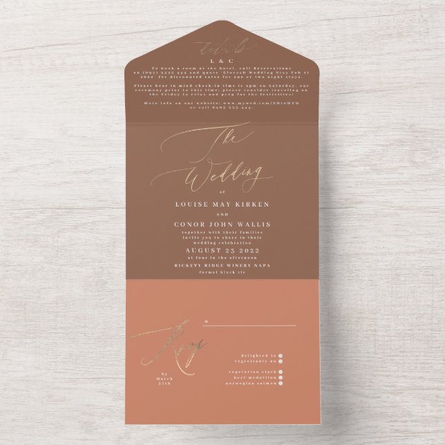 Terracotta Dusty Orange Elegant Boho Gold Wedding All In One Invitation (Inside)