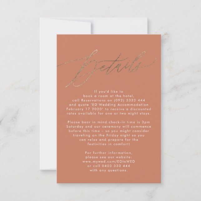 Terracotta Dusty Orange Elegant Boho Gold Wedding RSVP Card (Front)