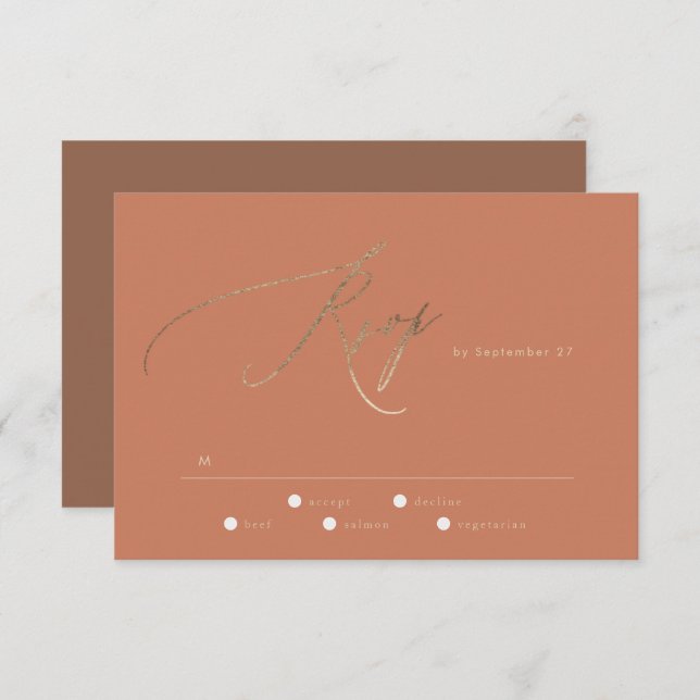 Terracotta Dusty Orange Elegant Boho Gold Wedding RSVP Card (Front/Back)