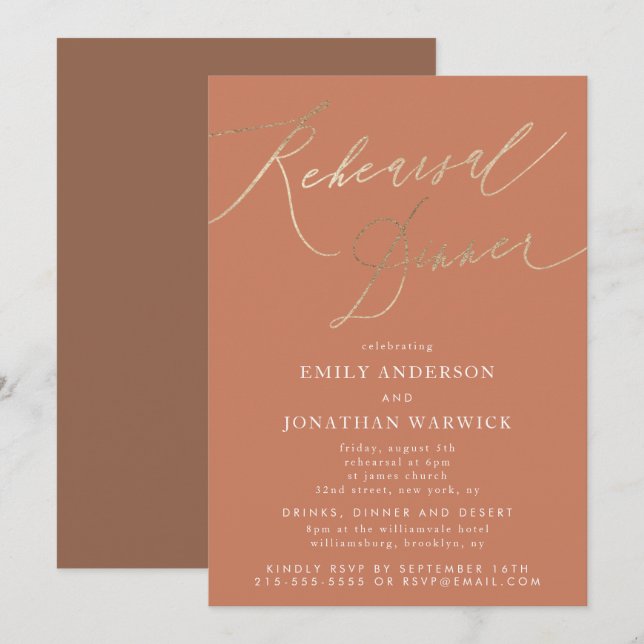 Terracotta Dusty Orange Elegant Wedding Rehearsal Invitation (Front/Back)