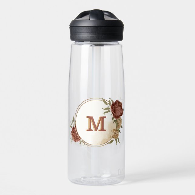 terracotta earth tone floral greenery monogram water bottle (Front)