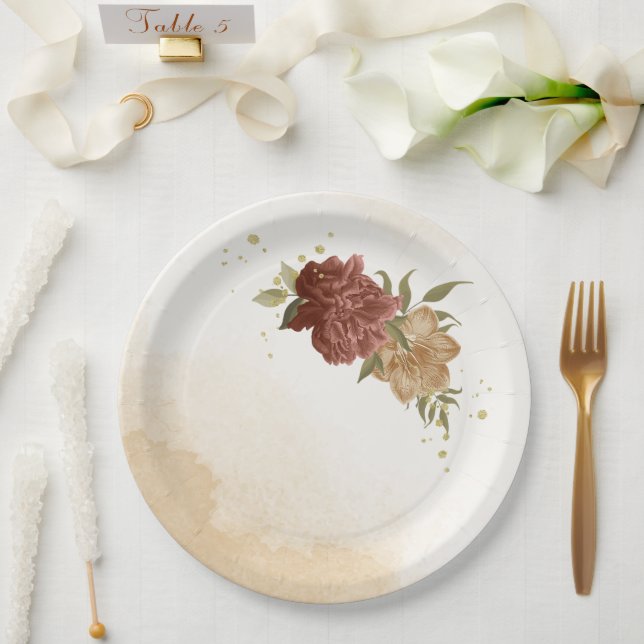 terracotta earth tone floral greenery paper plate (Wedding)