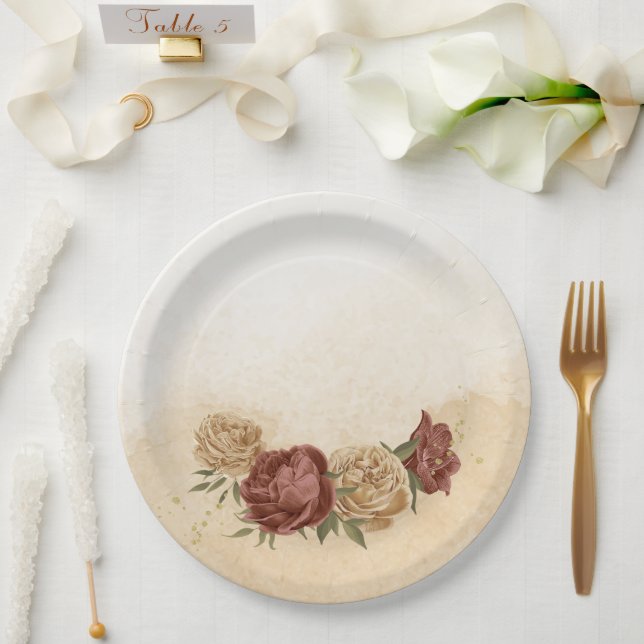 terracotta earth tone floral greenery paper plates (Wedding)