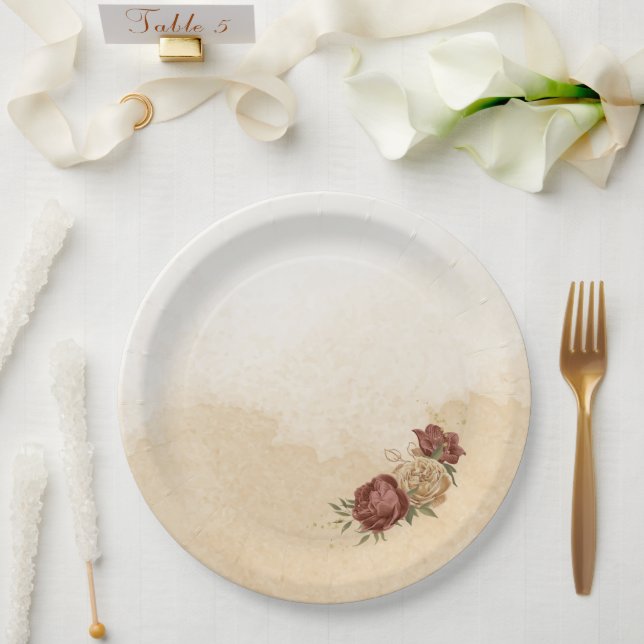 terracotta earth tone floral greenery paper plates (Wedding)