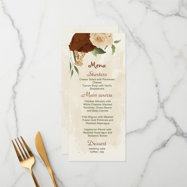 terracotta earth tone floral greenery wedding menu (Front/Back In Situ)