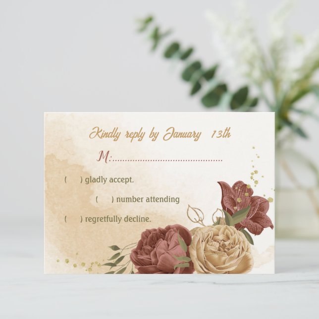 terracotta earth tone floral greenery wedding RSVP card (Standing Front)