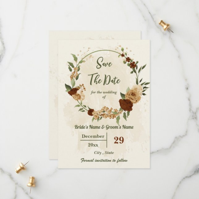 terracotta earth tone floral greenery wedding save the date (Front/Back In Situ)