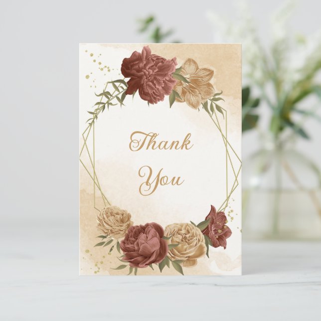 terracotta earth tone floral greenery wedding  thank you card (Standing Front)