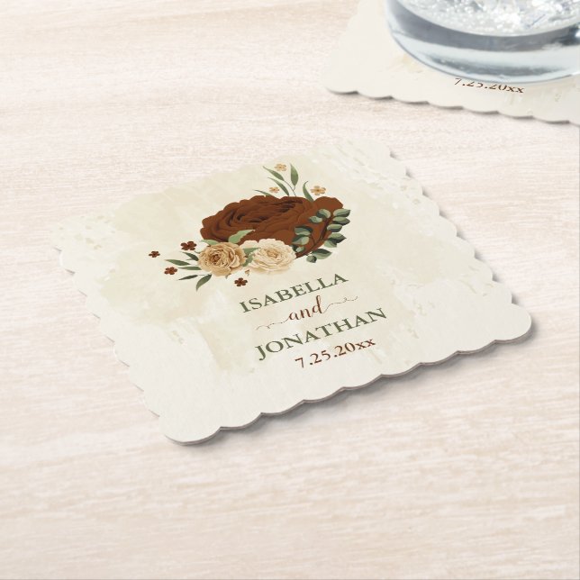 terracotta earth tone floral wedding paper coaster (Angled)