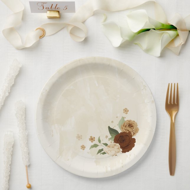 terracotta earth tone floral wedding paper plate (Wedding)
