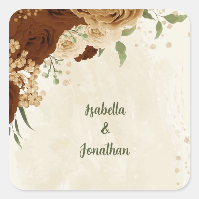 terracotta earth tone floral wedding square sticker (Front)