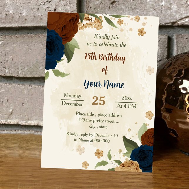 terracotta earth tone navy floral birthday invitation (Creator Uploaded)