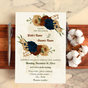 terracotta earth tone navy floral greenery wedding invitation