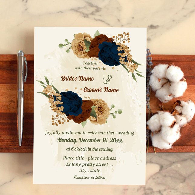 terracotta earth tone navy floral greenery wedding invitation (Creator Uploaded)