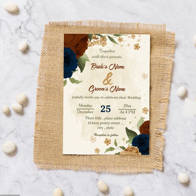 terracotta earth tone navy floral greenery wedding invitation (Creator Uploaded)
