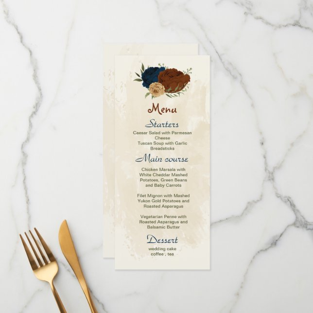 terracotta earth tone navy floral greenery wedding menu (Front/Back In Situ)