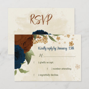 terracotta earth tone navy floral greenery wedding RSVP card