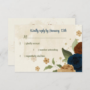 terracotta earth tone navy floral greenery wedding RSVP card