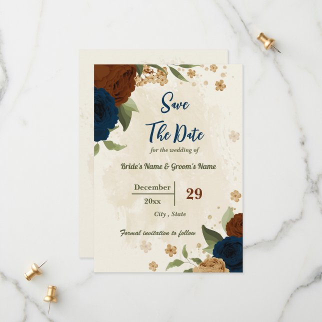 terracotta earth tone navy floral greenery wedding save the date (Front/Back In Situ)