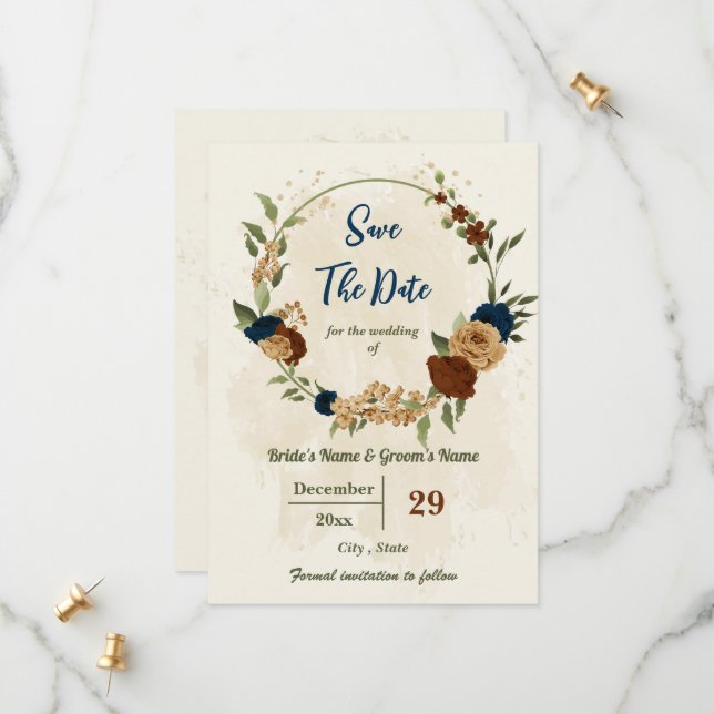 terracotta earth tone navy floral greenery wedding save the date (Front/Back In Situ)