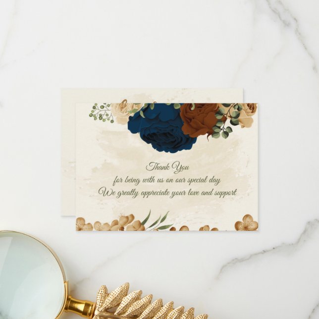 terracotta earth tone navy floral greenery wedding thank you card (Front/Back In Situ)