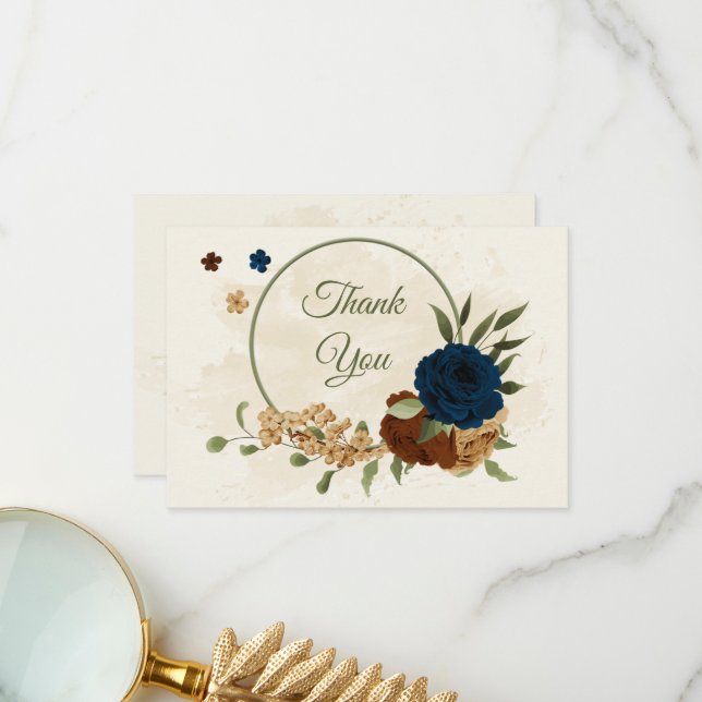 terracotta earth tone navy floral greenery wedding thank you card (Front/Back In Situ)