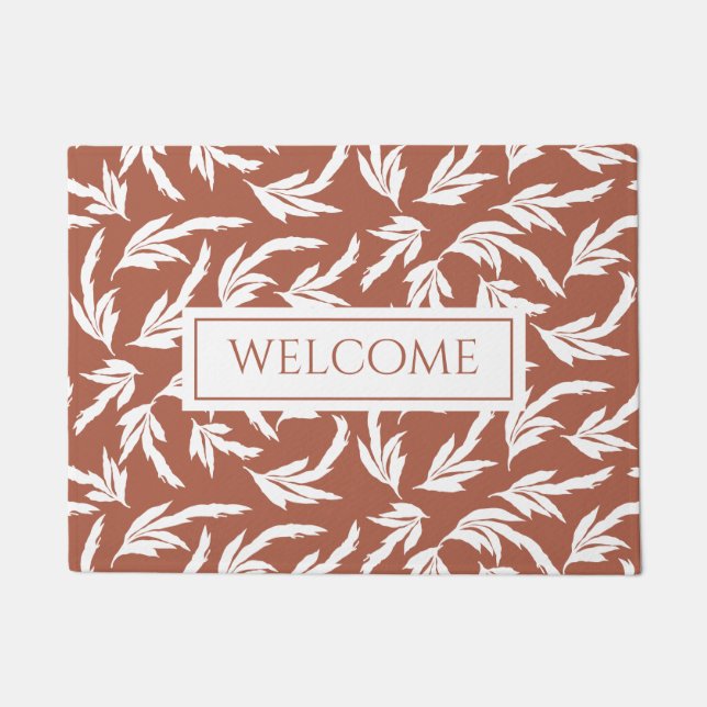 Terracotta, earth tones and white leaves doormat (Front)