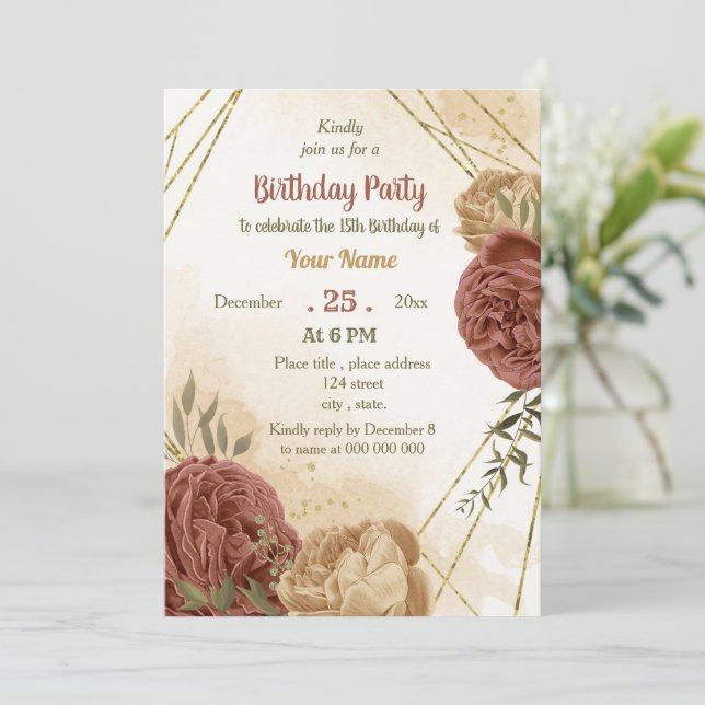 terracotta earthy floral greenery birthday party invitation (Standing Front)