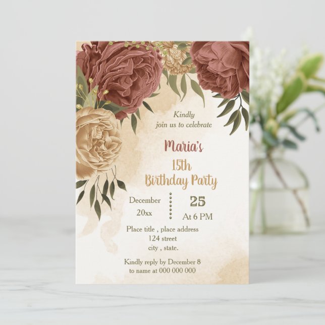 terracotta earthy floral greenery birthday party invitation (Standing Front)