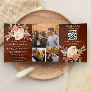 Terracotta Earthy Ivory Floral QR Code Wedding Tri-Fold Invitation