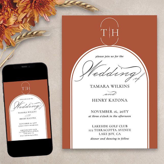Terracotta Elegant Calligraphy Monogrammed Wedding Invitation (Elegant terracotta monogrammed wedding invitation from my Wedding Colors collection)