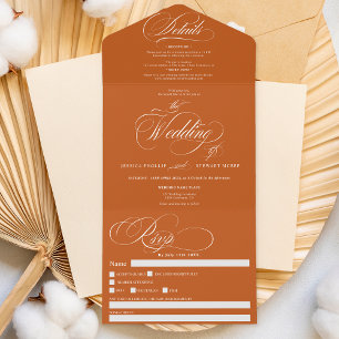 Terracotta elegant calligraphy wedding all in one invitation