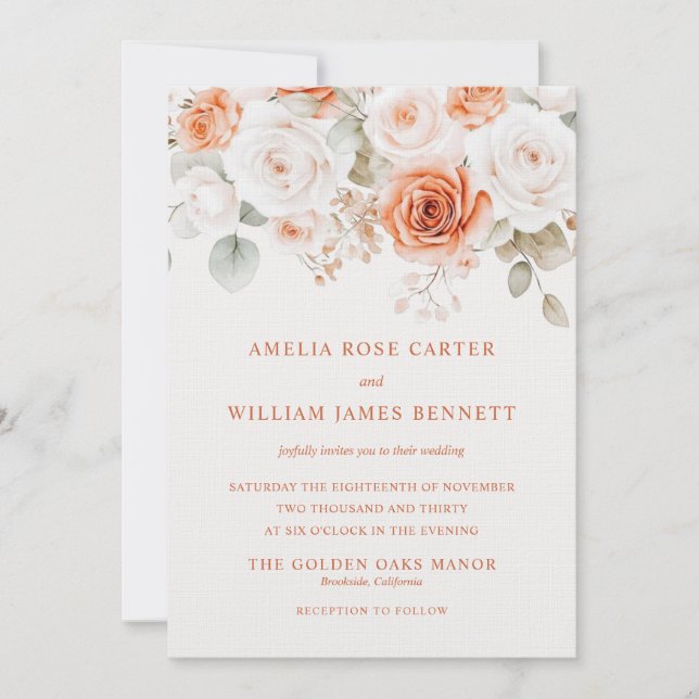 Terracotta Elegant Champagne Floral Roses Wedding Invitation (Front)