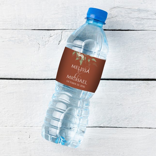 Terracotta Elegant Floral Calligraphy Ampersand  Water Bottle Label (Terracotta wedding water bottle label with stylish calligraphy ampersand.)