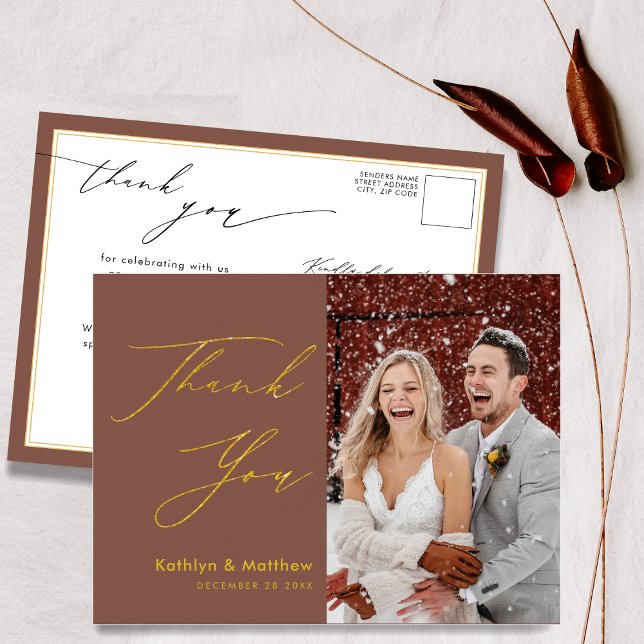 Terracotta Elegant Gold Script Wedding Thank You Postcard (Creator Uploaded)